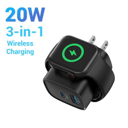 3-in-1 Magnetic Wireless Cordless PD USB-C Wall Charger Block